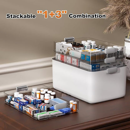 MOPUP 4-Tier Medicine Craft,Sewing,Art,Organizer Storage,Portable Latch Bin with Lid and Leather Handle,Pill Bottle, First Aid,Multipurpose Organizer with Removable Tray,A Household Essential