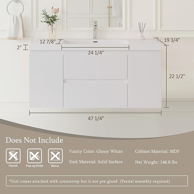 Floating Bathroom Vanity with Sink, 48" Wall-Mounted Bathroom Storage Vanity Cabinet with Resin Top Basin and Soft Close Drawers, No Assembly Required, Glossy White