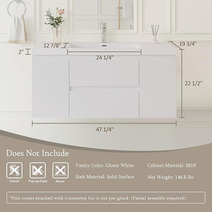 Floating Bathroom Vanity with Sink, 48" Wall-Mounted Bathroom Storage Vanity Cabinet with Resin Top Basin and Soft Close Drawers, No Assembly Required, Glossy White