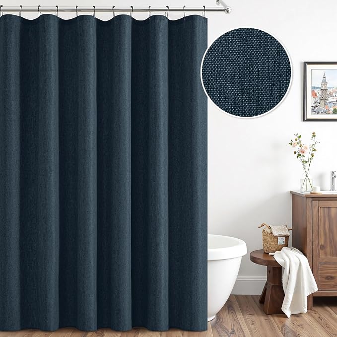ANRODUO Navy Blue Extra Long Linen Fabric Shower Curtain Set - W72xL108 | Farmhouse Shower Curtain with 12 Metal Hooks, Waterproof Heavy Duty, Button Hole Design, Machine Washable for Bathroom