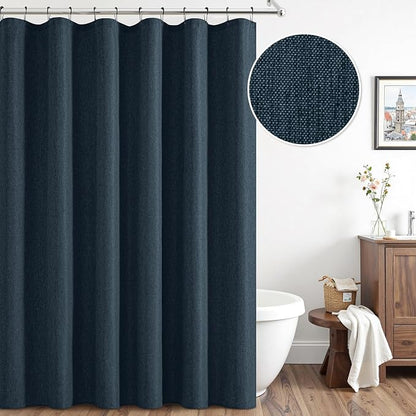 ANRODUO Navy Blue Extra Long Linen Fabric Shower Curtain Set - W72xL108 | Farmhouse Shower Curtain with 12 Metal Hooks, Waterproof Heavy Duty, Button Hole Design, Machine Washable for Bathroom