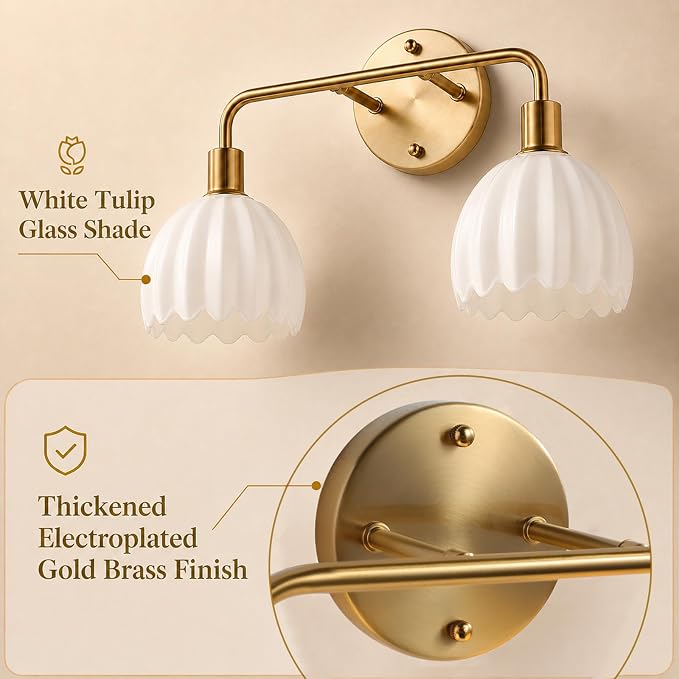 2-Light Gold Brass Bathroom Light Fixture,Wall Sconces,Brushed Gold Vanlity Light Over Mirror,Bathroom Vanity Light with White Glass Flower Shade,E26 Socket(Bulbs Not Included)