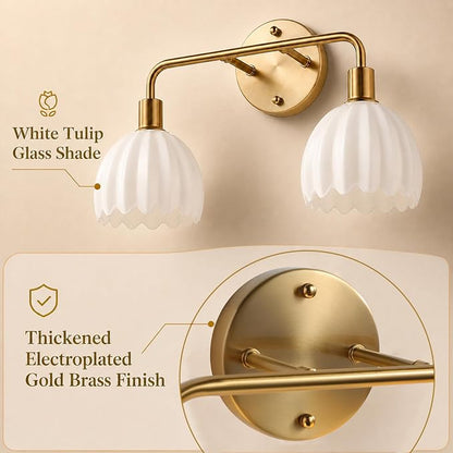 Brushed Gold 4-Light Vanlity Light Over Mirror,Wall Sconces,Gold Brass Bathroom Light Fixture with White Glass Flower Shade,E26(Bulbs Not Included)