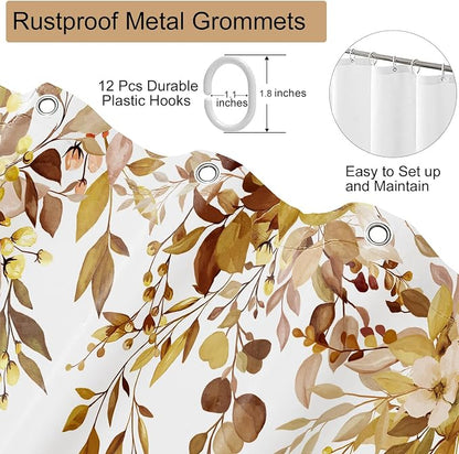 Brown Floral Eucalyptus Shower Curtain with Hooks, 72x72 Inch | Waterproof Fabric, Watercolor Leaves and Floral, Botanical Style, Machine Washable, Quick-Drying, for Hotel Bathroom