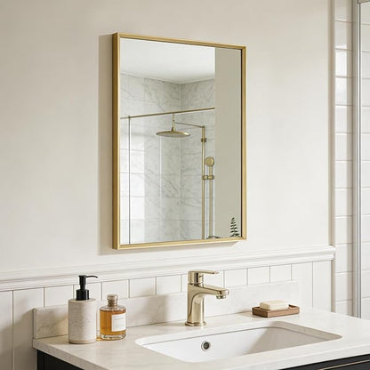 Bathroom Mirror for Wall, 16x24 Inch Metal Framed Mirror, Brushed Gold Rectangle Mirror, Bathroom Vanity Mirror Farmhouse, Tempered Glass, Anti-Rust, Hangs Horizontally or Vertically