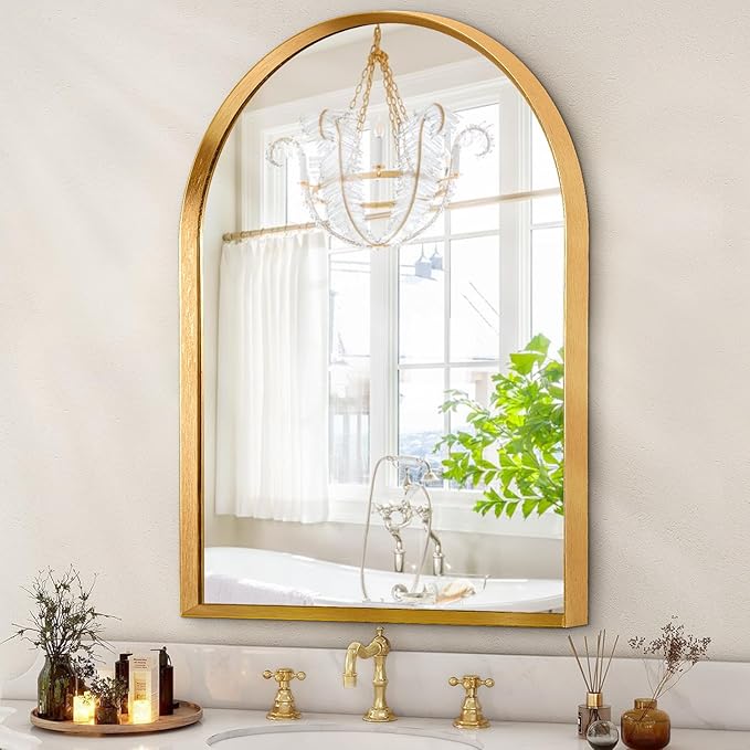 Arched Mirrors for Wall, White Bathroom Mirror Brushed Metal Vanity Wall Mounted Mirror for LivingRoom Bedroom Entryway Room Vanity Home Decor 26"x18"