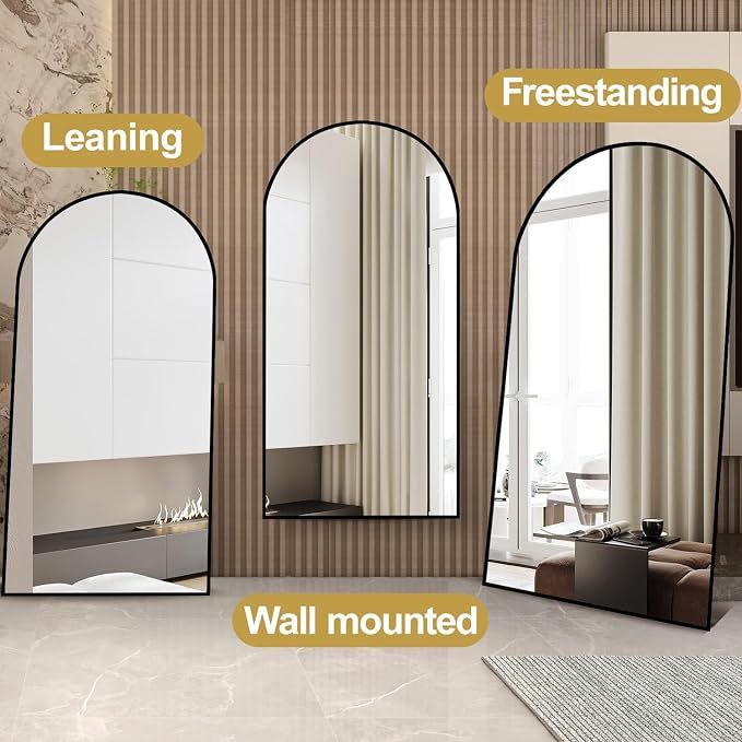 Dewfig Arched Full Length Mirror, 76"x34" Large Floor Mirror, Black | Aluminum Alloy Frame Full Body Mirror, HD Shatterproof Tempered Glass, Lean/Stand/Wall for Living Room,Bedroom, Dressing Room