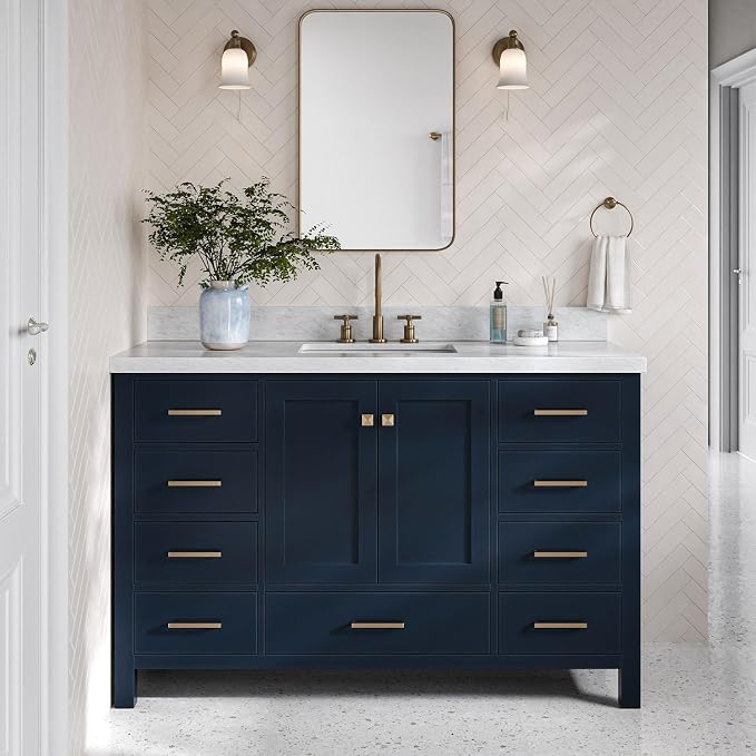 DKB Beckford 54-Inch Midnight Blue Single Bathroom Vanity with Sink, Italian Carrara White Marble Countertop, Rectangle Undermount Sink, 2 Soft-Closing Doors, 9 Dovetail Drawers, No Mirror