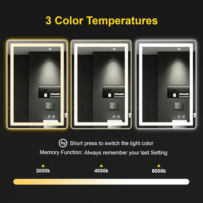 LED Bathroom Mirror with Lights, 24"x36" Lighted Vanity Mirror for Wall | Anti-Fog, Dimmable 3 Color Light, Backlit+Frontlit, Shatterproof Tempered Glass, Memory Function