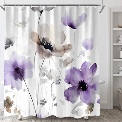Sanzugh Boho Floral Shower Curtain, Cream Tan Beige Purple Grey White Flower Farmhouse Fabric Shower Curtains Set for Bathroom Decorative with Hooks 72 X 72 inch Spring Bath Decor
