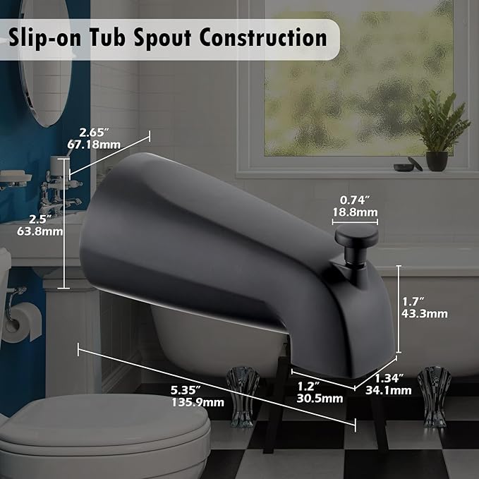 Slip-on Tub Spout with Diverter, Compatible with 1/2 Inch Copper Tube Fit, Bathroom Bathtub Spout 1-Pack (Matte Black)