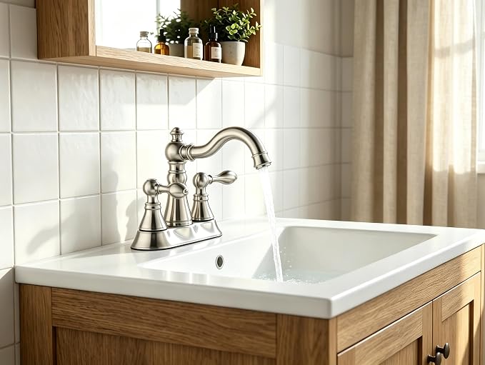 Two Handle Brushed Nickel Bathroom Faucet 3 Hole with Plastic Overflow Pop-Up Drain,Swivel Spout Bathroom Sink Faucet 4 Inch Centerset,Meets cUPC NSF 61-9 AB1953,F-0048-BN