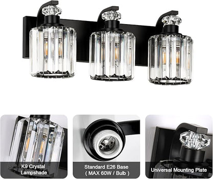 Black Bathroom Light Fixtures with K9 Crystal Lampshade Bathroom Lighting Over Mirror Vanity Lights for Living Room,Bedroom,Restroom,Hallway 3 Lights