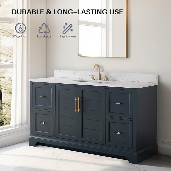 HOMEBEYOND 60 Inch Bathroom Vanity with Single Sink & Ceramic Top, Vanity Cabinet with Center Countertop Basin, Soft-Closing Doors, Backsplash, Vintage Spruce Blue