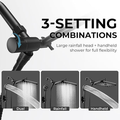 Black Rain Shower Head with Handheld Shower Head, 5 Spray Modes | High-Pressure Dual Shower Combo, Multi-Spray Handheld, 11-Inch Metal Extension Arm, Detachable Design for Easy, Flexible Use