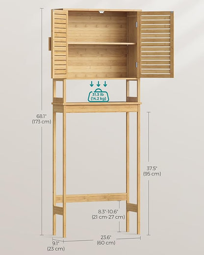 SONGMICS Over The Toilet Storage Cabinet with Charging Station, Bathroom Cabinet with Adjustable Inside Shelf and Bottom Stabilizer Bar, Space-Saving Toilet Rack, Natural Beige UBTS015N01