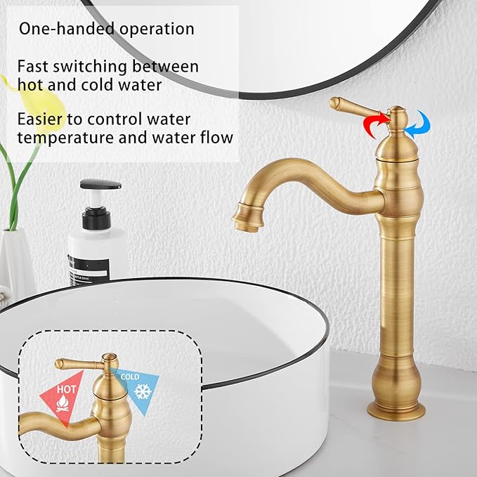 GGStudy 360° Swivel Antique Brass Bathroom Vessel Sink Faucet Single Handle One Hole Matching with Pop Up Drain