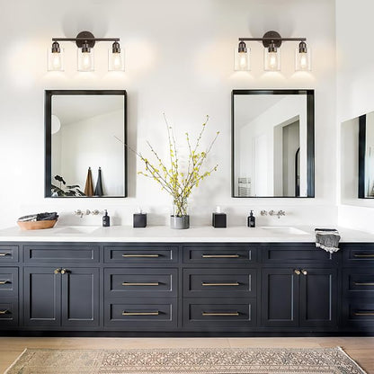3-Light Bathroom Vanity Light, Clear Glass & Brown,17.3" | Modern Wall Lamp, For Mirror