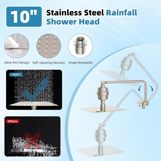 10" Metal Filtered Shower Head with 10-Mode Handheld, Brushed Nickel | NSF/ANSI/CAN 372 Certified, High Pressure Showerhead Combo, 20 Stage Shower Filter, 11" Shower Arm, 71" Hose, Shower Holder