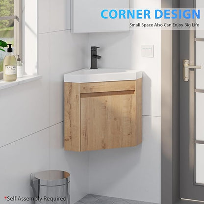 eclife 22" Corner Bathroom Vanity Sink Combo for Small Space Wall Mounted Floating Cabinet with White Resin Sink and Matte Black Faucet, Natural