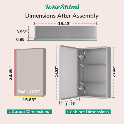 TokeShimi 16x24 Bathroom Medicine Cabinet with Mirror, Aluminum Silver Recessed or Surface Mount with Adjustable Storage Metal