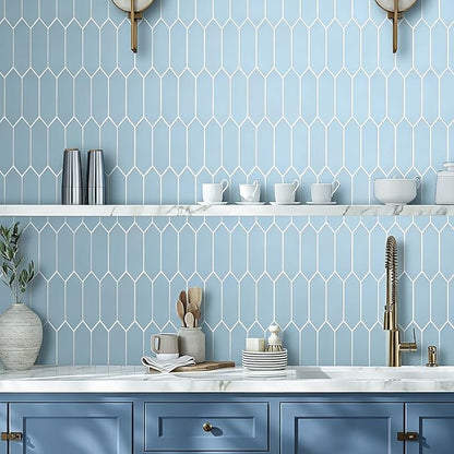 Sky Blue Peel and Stick Backsplash Tile, Long Hexagon Self-Adhesive Faux Matte Ceramic Wall Stick for Kitchen and Bathroom, 6 Sheets