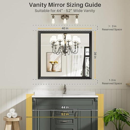 40x36 Inch Black Bathroom Mirror for Wall, Thick Metal Framed Rectangle Mirrors for Over Sink, Bedroom, Living Room, Entryway, Anti-Rust, HD Tempered Glass
