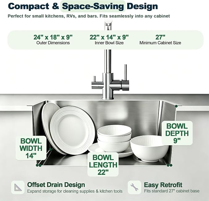 Kitchen Sink, 24x18 Inch Drop in Sink | 304 Stainless Steel, Right Offset Drain, 9" Deep Single Bowl Kitchen Sinks, Brushed(Inclued Drain Strainer & Bottom Grid)