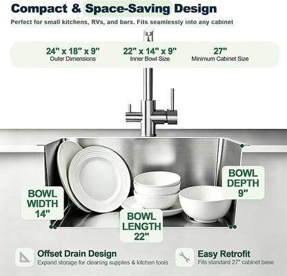 Kitchen Sink, 24x18 Inch Drop in Sink | 304 Stainless Steel, Right Offset Drain, 9" Deep Single Bowl Kitchen Sinks, Brushed(Inclued Drain Strainer & Bottom Grid)