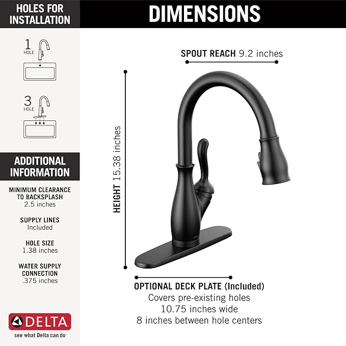 Delta Faucet Leland VoiceIQ Touch Kitchen Faucet with Touchless Technology, Black Kitchen Faucet, Smart Faucet, Alexa and Google Assistant Voice Activated, Matte Black 9178TLV-BL-DST
