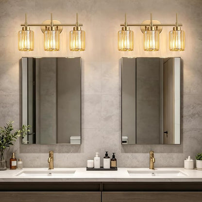 Modern Crystal Bathroom Light Fixtures Over Mirror, 3-Light Brushed Gold Bathroom Vanity Light with Amber Glass Shades, Modern Vanity Lights for Bathroom, E26 Base, Bulbs Not Included