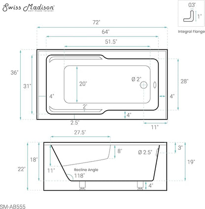 Voltaire 72" x 36" Right-Hand Drain Alcove Bathtub with Apron and Armrest