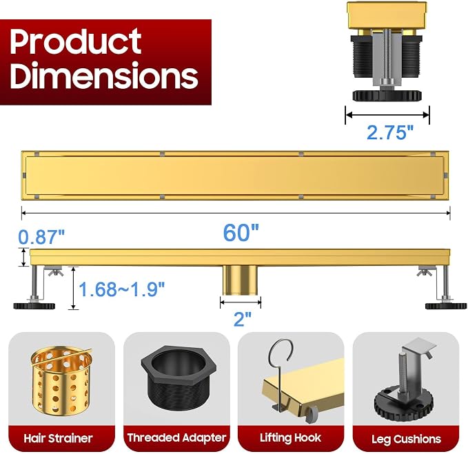 DLONE® Linear Shower Drain - 60 Inch Brushed Gold, with Tile Insert Panel | AISI 304 Stainless Steel Linear Drain, Rectangle Shower Floor Drain, with Adjustable Feet, Fits Bathroom & Balcony etc
