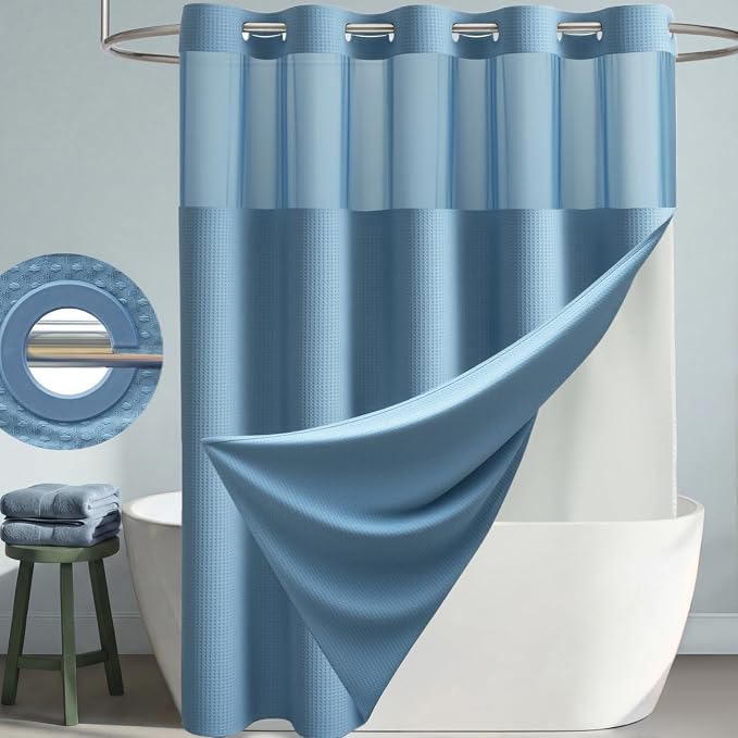 Moonlight Blue Hook Free Waffle Shower Curtain & Snap Liner,72x75 | Less Time to install, 3 in 1 Fabric Shower Curtain and Liner Set with Magnets, Mesh Top Window, Shower Curtains for Bathroom