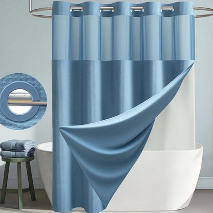 Moonlight Blue Hook Free Waffle Shower Curtain & Snap Liner,72x81 | Less Time to install, 3 in 1 Fabric Shower Curtain and Liner Set with Magnets, Long, Shower Curtains for Bathroom