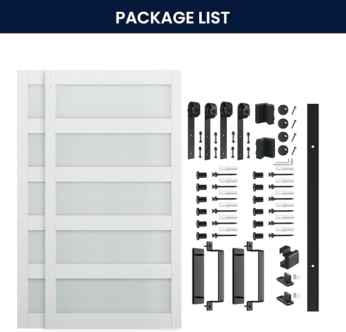 SMARTSTANDARD Double 48×84 Glass Barn Door with Sliding Hardware Kit | Pre-Drilled Ready to Assemble, Waterproof PVC Coating, 5-Panel Glass, White