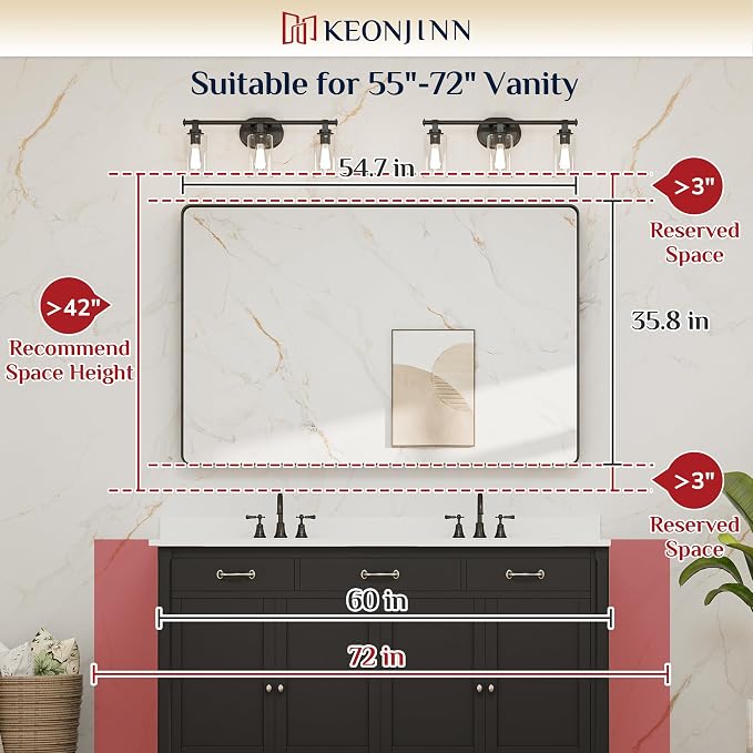 Keonjinn 55 x 36 Inch Black Bathroom Mirror, Tempered Glass Vanity Mirror | Sandblasted Finish, Matte Black Mirror, Anti-Rust, Seamless Aluminum Frame, Rounded Rectangle, French Cleat Mount, Home Décor