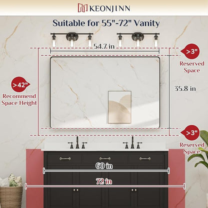 Keonjinn 55 x 36 Inch Black Bathroom Mirror, Tempered Glass Vanity Mirror | Sandblasted Finish, Matte Black Mirror, Anti-Rust, Seamless Aluminum Frame, Rounded Rectangle, French Cleat Mount, Home Décor
