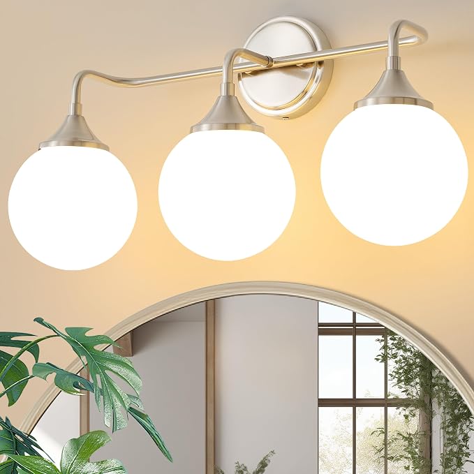 Brushed Nickel Bathroom Light Fixtures Over Mirror Vanity 3-Light | Mid Century Modern Brushed Nicke Wall Sconce with Milky White Glass Ball Shades for for Bathroom Dressing Table Bedroom