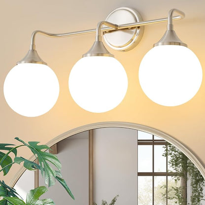Brushed Nickel Bathroom Light Fixtures Over Mirror Vanity 3-Light | Mid Century Modern Brushed Nicke Wall Sconce with Milky White Glass Ball Shades for for Bathroom Dressing Table Bedroom