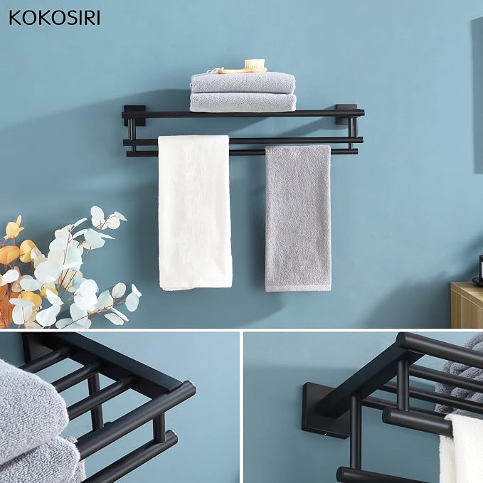 KOKOSIRI Bath Towel Rack with Double Towel Bars Bathroom Towel Shelf 20 Inch Towel Holder Wall Mounted Stainless Steel, Matte Black, B6005BK-L20