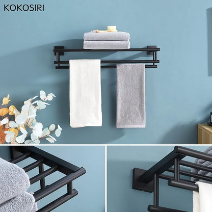 KOKOSIRI Bath Towel Rack with Double Towel Bars Bathroom Towel Shelf 20 Inch Towel Holder Wall Mounted Stainless Steel, Matte Black, B6005BK-L20