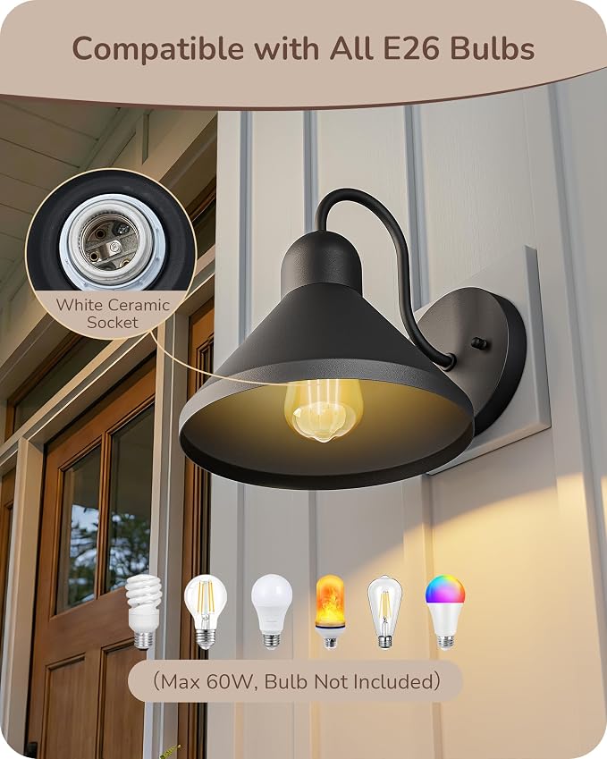 EDISHINE 2 Pack Outdoor Wall Light, 8IN Gooseneck Barn Light Fixture, Farmhouse Outside Wall Sconce, Black Matte Wall Mount Lantern for Porch, Entryway, Garage