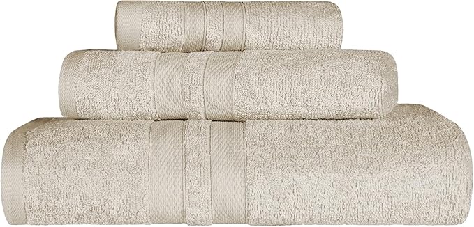 SUPERIOR Ultra-Soft 3-Piece Cotton Towel Set, Daily Use for Bathroom, Guest Room, Quick Dry, Set Includes 1 Bath Towel, 1 Hand Towel, and 1 Washcloth, Essential Plush Towels for Home - Ivory
