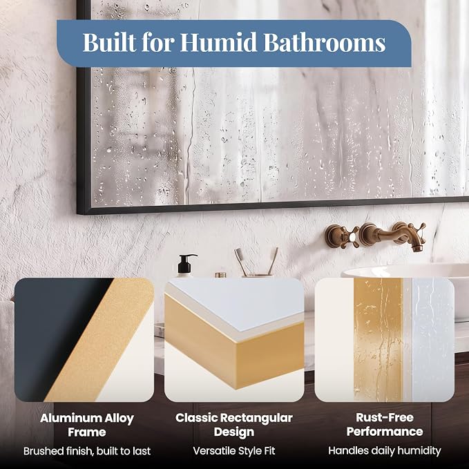 NEWBULIG Bathroom Wall Mirror, Vanity Mirror, 30x48 Inch | Rectangle Metal Frame, Tempered Glass, Over Sink Entryway, Living Room Hang, Horizontal or Vertical, Gold