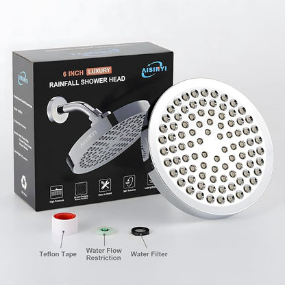 6" High Pressure Rain Shower Head, Luxury Polished Chrome Finish | 6 Inch Fixed Bathroom Showerhead, Adjustable Replacement, 90 Anti-Clog Nozzles, Removable Restrictor, Tool-Free Easy Install