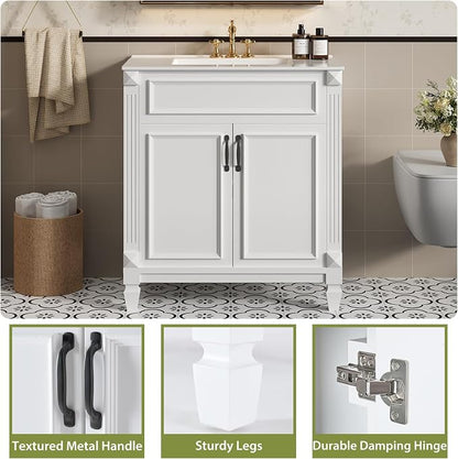 Sweetcrispy 30" Bathroom Vanity with Sink, Bathroom Storage Vanity Sink with 2 Doors, Farmhouse Wooden Free Standing Bathroom Cabinet with Sink, Easy Assembly, NO Mirror Faucet, Ivory & White