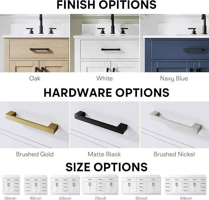 60-Inch Bathroom Vanity with Double Sinks W/ 4 Doors & 4 Drawers & 2 Flip Drawers, White Vanity W/Matte Black Handles