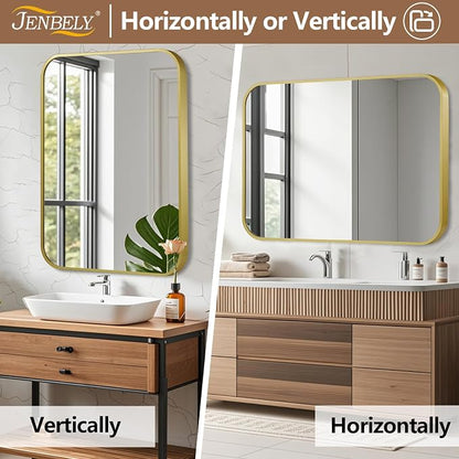 20x30 Inch Gold Mirror, Framed Rectangle Mirror with Rounded Corner, Brushed Brass Mirror, Gold Bathroom Mirror for Over Sink, Vanity, Living Room, Bedroom, Horizontal/Vertical