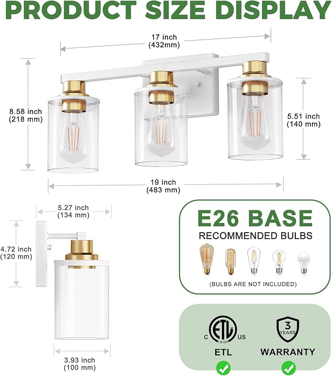 DORESshop 17 Inch 3-Light White Gold Bathroom Vanity Light | Modern White Vanity Light Fixture, Clear Glass Shade Bathroom Wall Light, Mirror Lighting for Bedroom Living Room